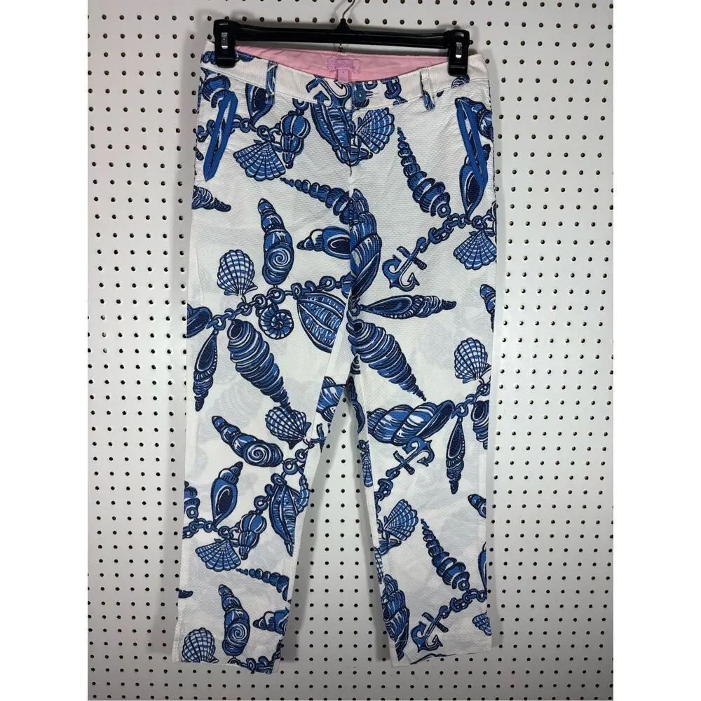 Lilly Pulitzer Fallin In Love Seashell Pants Blue White Beach Shells Mitzie Pant